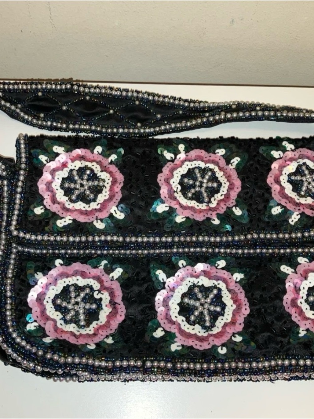 Beaded Floral Sequin Crossbody Bag - Black and Pink